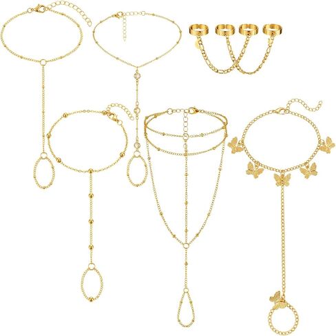 Kenning 6 Pcs Gold Hand Chain Bracelet Set for Women Trendy Gold Hand Chain Jewelry with Ring Connection Elegant Jewelry Stacking Bracelet for Daily Wear Parties and Gifts in Kuwait