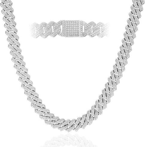 Mens Cuban Link Chain Iced Out Miami Cuban Necklace/Bracelet |14mm Silver & Gold Plated Chains | Bling Diamond Hip Hop Jewelry For Men Women in Saudi Arabia