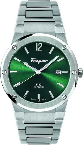 ساعة Ferragamo F-80 Classic Collection الفاخرة للرجال مع سوار وحافظة من الفولاذ المقاوم للصدأ تتميز بمينا أخضر in Kuwait