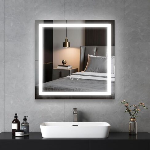 LED Lighted Bathroom Mirror with Anti-Fog, Square Wall Mounted Vanity Mirror with Smart Touch Button, Memory Function, Adjustable Warm White/Natural/Daylight Lights(24x24 inches) in Saudi Arabia