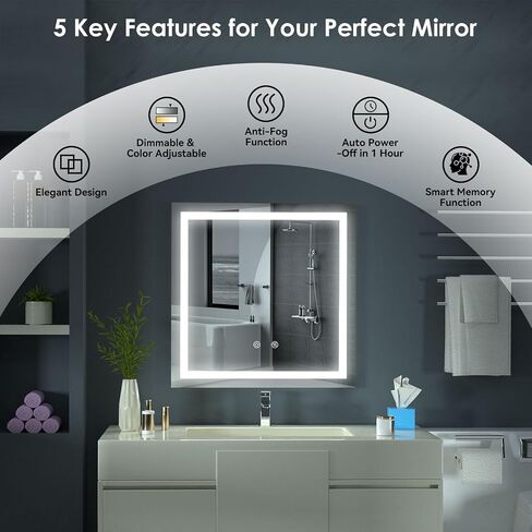 LED Lighted Bathroom Mirror with Anti-Fog, Square Wall Mounted Vanity Mirror with Smart Touch Button, Memory Function, Adjustable Warm White/Natural/Daylight Lights(24x24 inches) in Saudi Arabia
