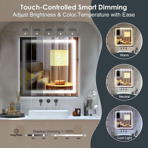 LED Lighted Bathroom Mirror with Anti-Fog, Square Wall Mounted Vanity Mirror with Smart Touch Button, Memory Function, Adjustable Warm White/Natural/Daylight Lights(24x24 inches) in Saudi Arabia