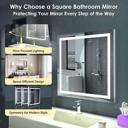 LED Lighted Bathroom Mirror with Anti-Fog, Square Wall Mounted Vanity Mirror with Smart Touch Button, Memory Function, Adjustable Warm White/Natural/Daylight Lights(24x24 inches) in Saudi Arabia