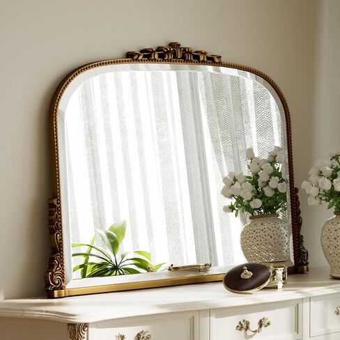 Wall Beaded Mirror, 36 x 27 Inch Round Top Right Angle Wall Mirror, Tempered Glass, Rust Resistant, Horizontally or Vertically Hanging, Gold in Saudi Arabia