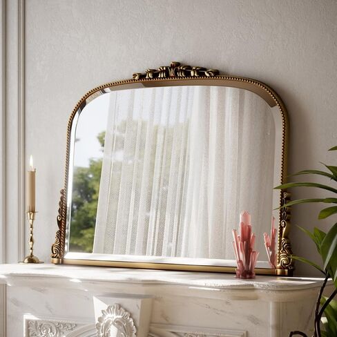 Wall Beaded Mirror, 36 x 27 Inch Round Top Right Angle Wall Mirror, Tempered Glass, Rust Resistant, Horizontally or Vertically Hanging, Gold in Saudi Arabia