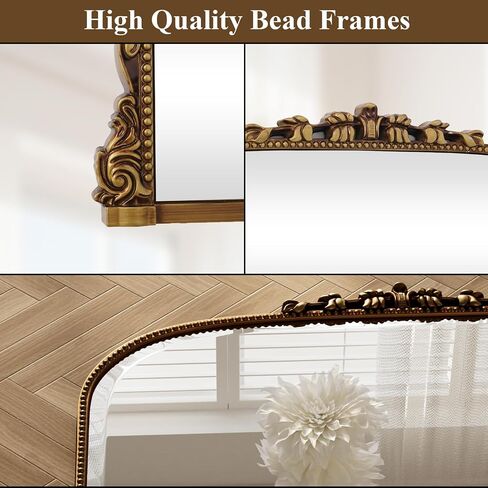 Wall Beaded Mirror, 36 x 27 Inch Round Top Right Angle Wall Mirror, Tempered Glass, Rust Resistant, Horizontally or Vertically Hanging, Gold in Saudi Arabia