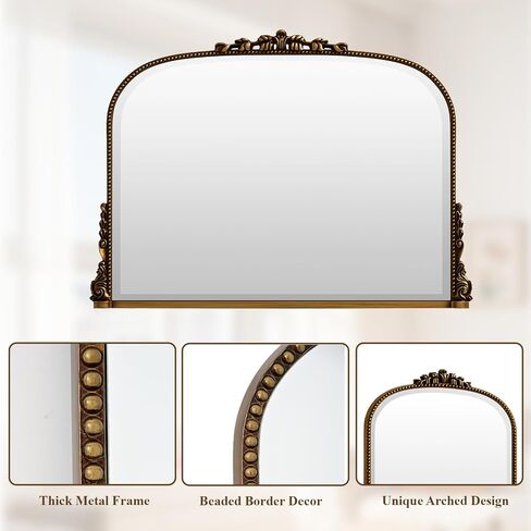 Wall Beaded Mirror, 36 x 27 Inch Round Top Right Angle Wall Mirror, Tempered Glass, Rust Resistant, Horizontally or Vertically Hanging, Gold in Saudi Arabia
