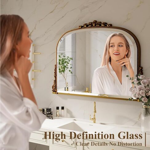 Wall Beaded Mirror, 36 x 27 Inch Round Top Right Angle Wall Mirror, Tempered Glass, Rust Resistant, Horizontally or Vertically Hanging, Gold in Saudi Arabia