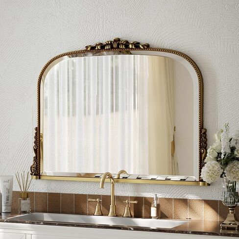 Wall Beaded Mirror, 36 x 27 Inch Round Top Right Angle Wall Mirror, Tempered Glass, Rust Resistant, Horizontally or Vertically Hanging, Gold in Saudi Arabia