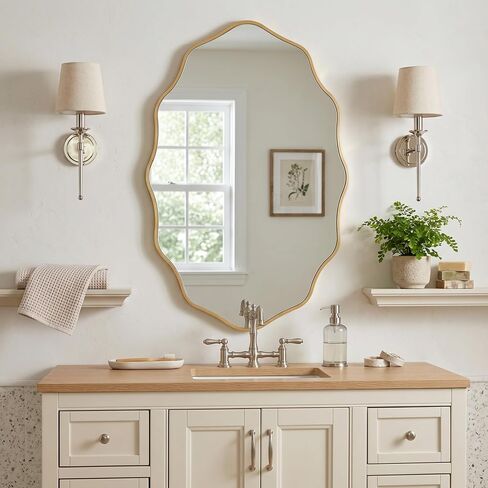 PERFNIQUE Gold Scalloped Mirror, 30''L×18''W Oval Wavy Wood Framed Mirror for Wall Decor, Hanging Leaning for Bathroom, Nursery, Entryway, Vanity, Living Room in Saudi Arabia