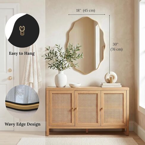 PERFNIQUE Gold Scalloped Mirror, 30''L×18''W Oval Wavy Wood Framed Mirror for Wall Decor, Hanging Leaning for Bathroom, Nursery, Entryway, Vanity, Living Room in Saudi Arabia