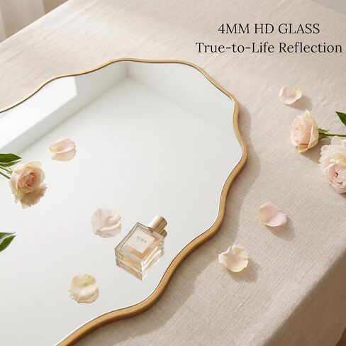 PERFNIQUE Gold Scalloped Mirror, 30''L×18''W Oval Wavy Wood Framed Mirror for Wall Decor, Hanging Leaning for Bathroom, Nursery, Entryway, Vanity, Living Room in Saudi Arabia