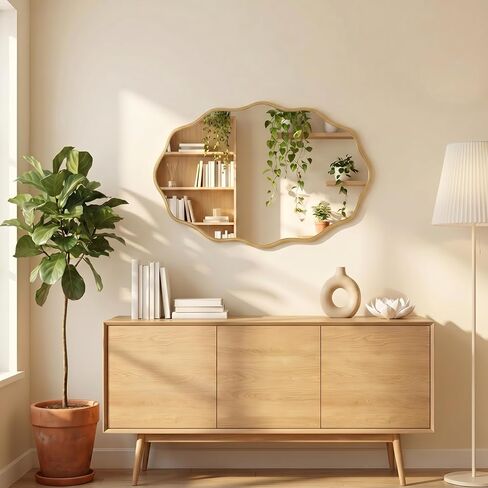 PERFNIQUE Gold Scalloped Mirror, 30''L×18''W Oval Wavy Wood Framed Mirror for Wall Decor, Hanging Leaning for Bathroom, Nursery, Entryway, Vanity, Living Room in Saudi Arabia