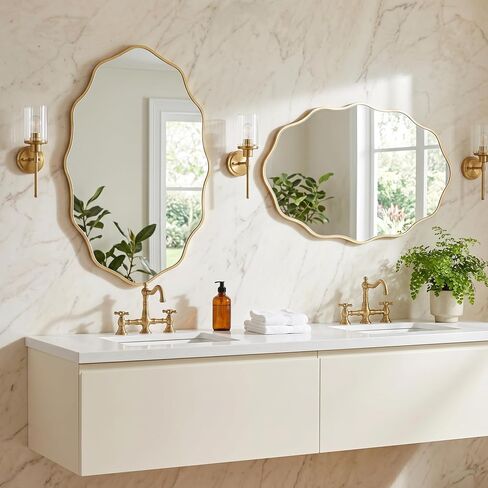PERFNIQUE Gold Scalloped Mirror, 30''L×18''W Oval Wavy Wood Framed Mirror for Wall Decor, Hanging Leaning for Bathroom, Nursery, Entryway, Vanity, Living Room in Saudi Arabia