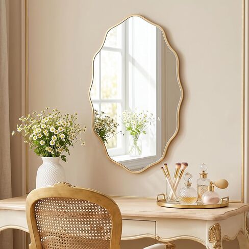 PERFNIQUE Gold Scalloped Mirror, 30''L×18''W Oval Wavy Wood Framed Mirror for Wall Decor, Hanging Leaning for Bathroom, Nursery, Entryway, Vanity, Living Room in Saudi Arabia