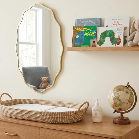 PERFNIQUE Gold Scalloped Mirror, 30''L×18''W Oval Wavy Wood Framed Mirror for Wall Decor, Hanging Leaning for Bathroom, Nursery, Entryway, Vanity, Living Room in Saudi Arabia