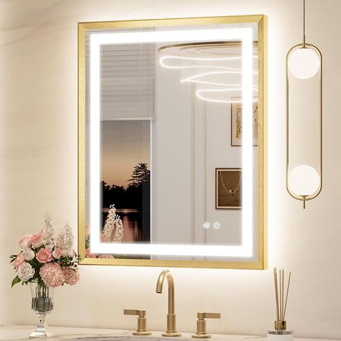 Keonjinn LED Mirror for Bathroom 24 x 30 in, Gold Frontlit & Backlit Bathroom Mirror with Lights, Brushed Beveled Framed, Tempered Glass, UL Listed LED Driver, 3 Color Temperature, Anti-Fog, Dimmable in Saudi Arabia