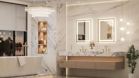 Keonjinn LED Mirror for Bathroom 24 x 30 in, Gold Frontlit & Backlit Bathroom Mirror with Lights, Brushed Beveled Framed, Tempered Glass, UL Listed LED Driver, 3 Color Temperature, Anti-Fog, Dimmable in Saudi Arabia