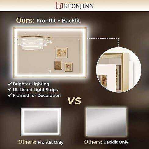 Keonjinn LED Mirror for Bathroom 24 x 30 in, Gold Frontlit & Backlit Bathroom Mirror with Lights, Brushed Beveled Framed, Tempered Glass, UL Listed LED Driver, 3 Color Temperature, Anti-Fog, Dimmable in Saudi Arabia