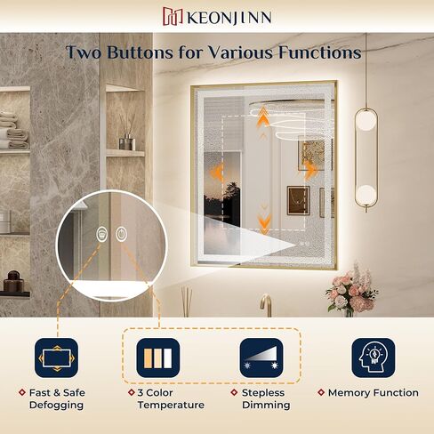 Keonjinn LED Mirror for Bathroom 24 x 30 in, Gold Frontlit & Backlit Bathroom Mirror with Lights, Brushed Beveled Framed, Tempered Glass, UL Listed LED Driver, 3 Color Temperature, Anti-Fog, Dimmable in Saudi Arabia