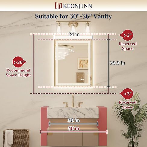 Keonjinn LED Mirror for Bathroom 24 x 30 in, Gold Frontlit & Backlit Bathroom Mirror with Lights, Brushed Beveled Framed, Tempered Glass, UL Listed LED Driver, 3 Color Temperature, Anti-Fog, Dimmable in Saudi Arabia