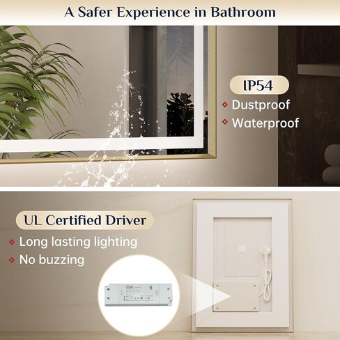 Keonjinn LED Mirror for Bathroom 24 x 30 in, Gold Frontlit & Backlit Bathroom Mirror with Lights, Brushed Beveled Framed, Tempered Glass, UL Listed LED Driver, 3 Color Temperature, Anti-Fog, Dimmable in Saudi Arabia
