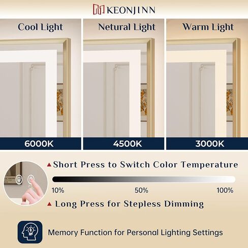 Keonjinn LED Mirror for Bathroom 24 x 30 in, Gold Frontlit & Backlit Bathroom Mirror with Lights, Brushed Beveled Framed, Tempered Glass, UL Listed LED Driver, 3 Color Temperature, Anti-Fog, Dimmable in Saudi Arabia