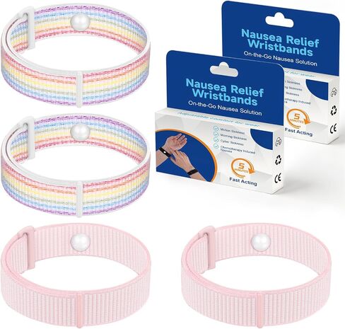 Motion Sickness Bracelets Anti Nausea Bands for Adults and Kids, Acupressure Wristbands for Nausea Relief for Cruise, Morning, Car, Sea, Air Sickness-2 Pairs-Rainbow+PearlPink in Kuwait