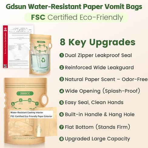 Vomit Bags Disposable 2000cc - Leakproof with Water-Resistant Inner Liner, Eco-Friendly FSC-Certified Paper for Adults, Kids, Pregnant Women - Car Travel, Morning & Motion Sickness (6 Pack) in Saudi Arabia