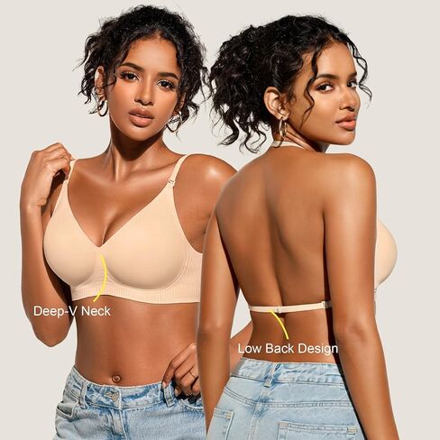Low Back Bra for Women Wireless, Backless Low Cut V Neck Bralette, Invisible No Show Multiway Convertible Halter Bras (US, Alpha, Medium, Regular, Regular, Skin-02) in Saudi Arabia