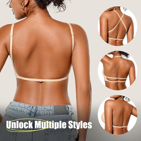 Low Back Bra for Women Wireless, Backless Low Cut V Neck Bralette, Invisible No Show Multiway Convertible Halter Bras (US, Alpha, Medium, Regular, Regular, Skin-02) in Saudi Arabia