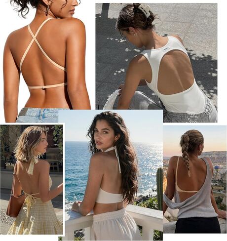 Low Back Bra for Women Wireless, Backless Low Cut V Neck Bralette, Invisible No Show Multiway Convertible Halter Bras (US, Alpha, Medium, Regular, Regular, Skin-02) in Saudi Arabia