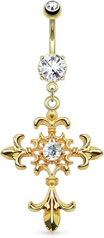 خاتم زر البطن من Body AccentzFleur de Lis Cross مع جوهرة شفافة مركزية تتدلى من خاتم السرة المطلي بالذهب عيار 14 قيراط in Kuwait