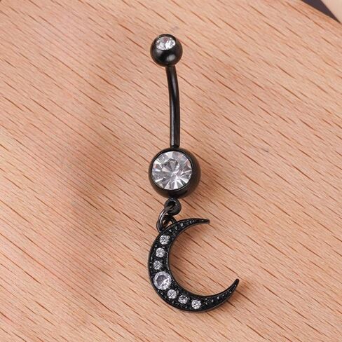 14G القمر الأسود استرخى البطن خاتم على شكل زر للنساء 316L الجراحية الصلب تشيكوسلوفاكيا الهلال المتدلية البطن السرة الحديد خواتم السرة ثقب المجوهرات in Kuwait