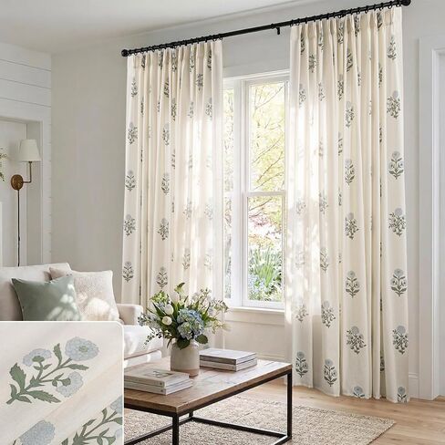 Blue Green Floral Linen Farmhouse Curtains, 84 Inch French Country Cottage Core Light Filtering Pinch Pleated Drapes, Vintage Block Print Pattern Sheer Panel for Living Room Bedroom Sliding Glass Door in Saudi Arabia