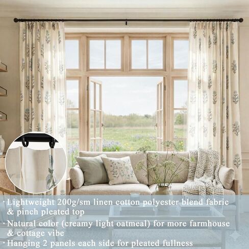 Blue Green Floral Linen Farmhouse Curtains, 84 Inch French Country Cottage Core Light Filtering Pinch Pleated Drapes, Vintage Block Print Pattern Sheer Panel for Living Room Bedroom Sliding Glass Door in Saudi Arabia