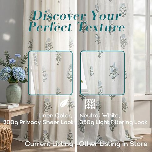 Blue Green Floral Linen Farmhouse Curtains, 84 Inch French Country Cottage Core Light Filtering Pinch Pleated Drapes, Vintage Block Print Pattern Sheer Panel for Living Room Bedroom Sliding Glass Door in Saudi Arabia