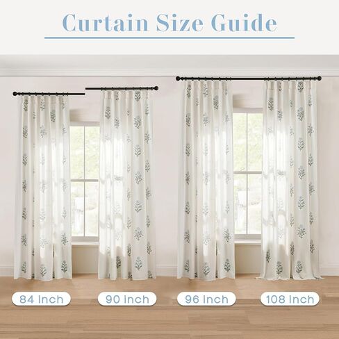Blue Green Floral Linen Farmhouse Curtains, 84 Inch French Country Cottage Core Light Filtering Pinch Pleated Drapes, Vintage Block Print Pattern Sheer Panel for Living Room Bedroom Sliding Glass Door in Saudi Arabia
