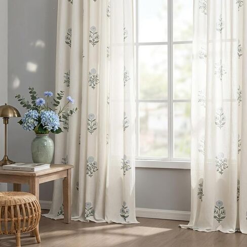 Blue Green Floral Linen Farmhouse Curtains, 84 Inch French Country Cottage Core Light Filtering Pinch Pleated Drapes, Vintage Block Print Pattern Sheer Panel for Living Room Bedroom Sliding Glass Door in Saudi Arabia