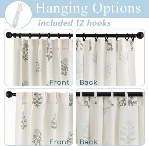 Blue Green Floral Linen Farmhouse Curtains, 84 Inch French Country Cottage Core Light Filtering Pinch Pleated Drapes, Vintage Block Print Pattern Sheer Panel for Living Room Bedroom Sliding Glass Door in Saudi Arabia