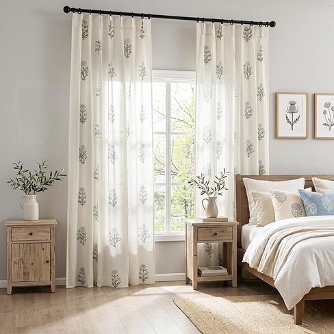 Blue Green Floral Linen Farmhouse Curtains, 84 Inch French Country Cottage Core Light Filtering Pinch Pleated Drapes, Vintage Block Print Pattern Sheer Panel for Living Room Bedroom Sliding Glass Door in Saudi Arabia