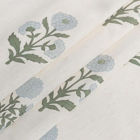Blue Green Floral Linen Farmhouse Curtains, 84 Inch French Country Cottage Core Light Filtering Pinch Pleated Drapes, Vintage Block Print Pattern Sheer Panel for Living Room Bedroom Sliding Glass Door in Saudi Arabia