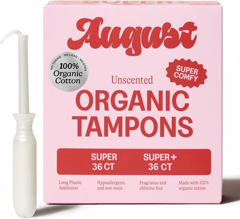 August Organic Tampons - Easy-Glide Long Applicators - Super & Super+ - 72-Pack 100% Organic Cotton Tampons for Women, Non-Toxic, Fragrance-Free, and Hypoallergenic in Saudi Arabia