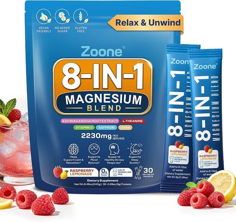8-in-1 Magnesium Glycinate Drink Mix, Raspberry Lemonade, 30 Packets | Sugar-free; Calm Magnesium Powder with L-Theanine, KSM-66 Ashwagandha, Saffron, GABA & Vitamin D for Daily Relax Routines in Saudi Arabia