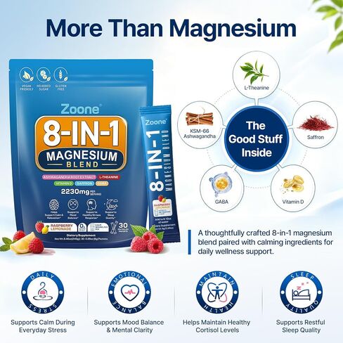 8-in-1 Magnesium Glycinate Drink Mix, Raspberry Lemonade, 30 Packets | Sugar-free; Calm Magnesium Powder with L-Theanine, KSM-66 Ashwagandha, Saffron, GABA & Vitamin D for Daily Relax Routines in Saudi Arabia