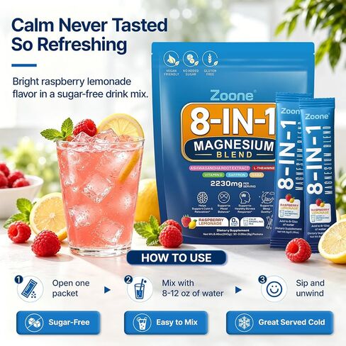 8-in-1 Magnesium Glycinate Drink Mix, Raspberry Lemonade, 30 Packets | Sugar-free; Calm Magnesium Powder with L-Theanine, KSM-66 Ashwagandha, Saffron, GABA & Vitamin D for Daily Relax Routines in Saudi Arabia