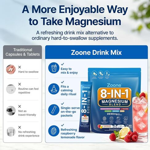 8-in-1 Magnesium Glycinate Drink Mix, Raspberry Lemonade, 30 Packets | Sugar-free; Calm Magnesium Powder with L-Theanine, KSM-66 Ashwagandha, Saffron, GABA & Vitamin D for Daily Relax Routines in Saudi Arabia