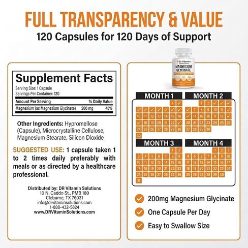Magnesium Glycinate 200mg High Absorption Chelated Magnesium Supplement for Sleep, Stress, Muscle & Nerve Support, Calm & Relaxation - Vegan, Non-GMO, Gluten & Soy Free - 120 Capsules 4 Month Supply in Saudi Arabia
