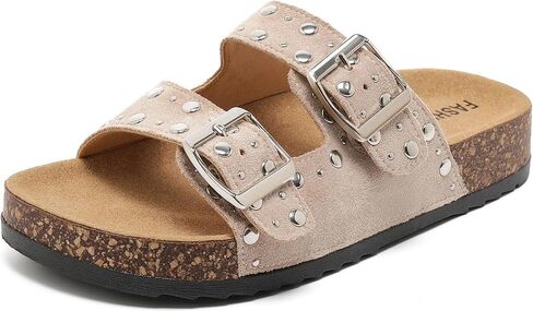 Women Cork Footbed Sandals – Adjustable Buckle Slip On Flat Mules, Studded Open Toe Summer Sandals for Casual Walking, Outdoor Comfort Flatform Shoes in Kuwait