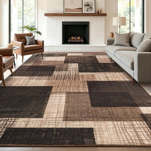 Modern Indoor Area Rug for Living Room, 8x10 Large Low Pile Geometric Patchwork Rug for Bedroom, Dining Room, Office, Hardwood Floors Home Decor, Non-Slip Faux Wool Machine Washable Area Rugs, Brown in Saudi Arabia